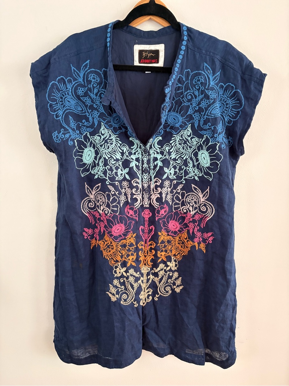 Johnny Was Navy Multicolor Floral Embroidered V-Neck dress